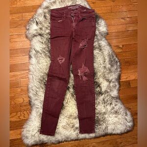 American Eagle Burgundy Distressed Jeggings
